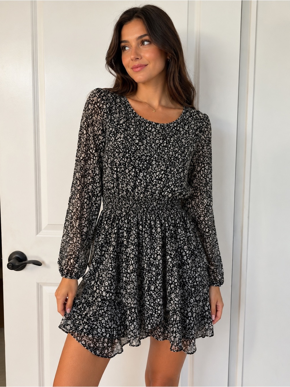 Storia Black Floral Long-Sleeve Dress with cinched waist and elastic cuffs